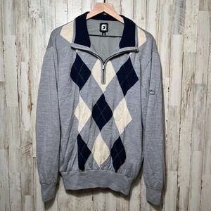 Footjoy FJ‎ Men's Large Gray Argyle Diamond 1/4 Zip Wool Pullover Golf Sweater